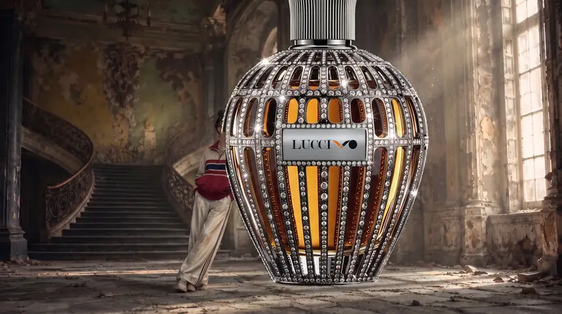 A three-metre crystal-studded caged perfume flacon standing in a decayed baroque hall with a curved staircase, a woman in a red track jacket leaning against it for scale